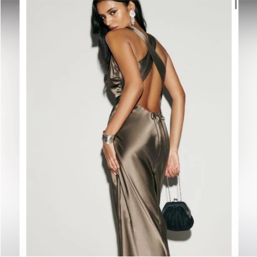 NWT Reformation Anaiis Morel Brown 100% Silk High Neck Open Back Maxi Dress Gown - Picture 7 of 15